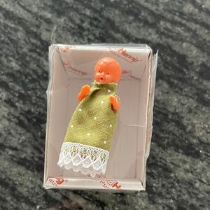 Vintage German Jointed Plastic Miniature Dollhouse Doll Girl Fabric Dress 1980s